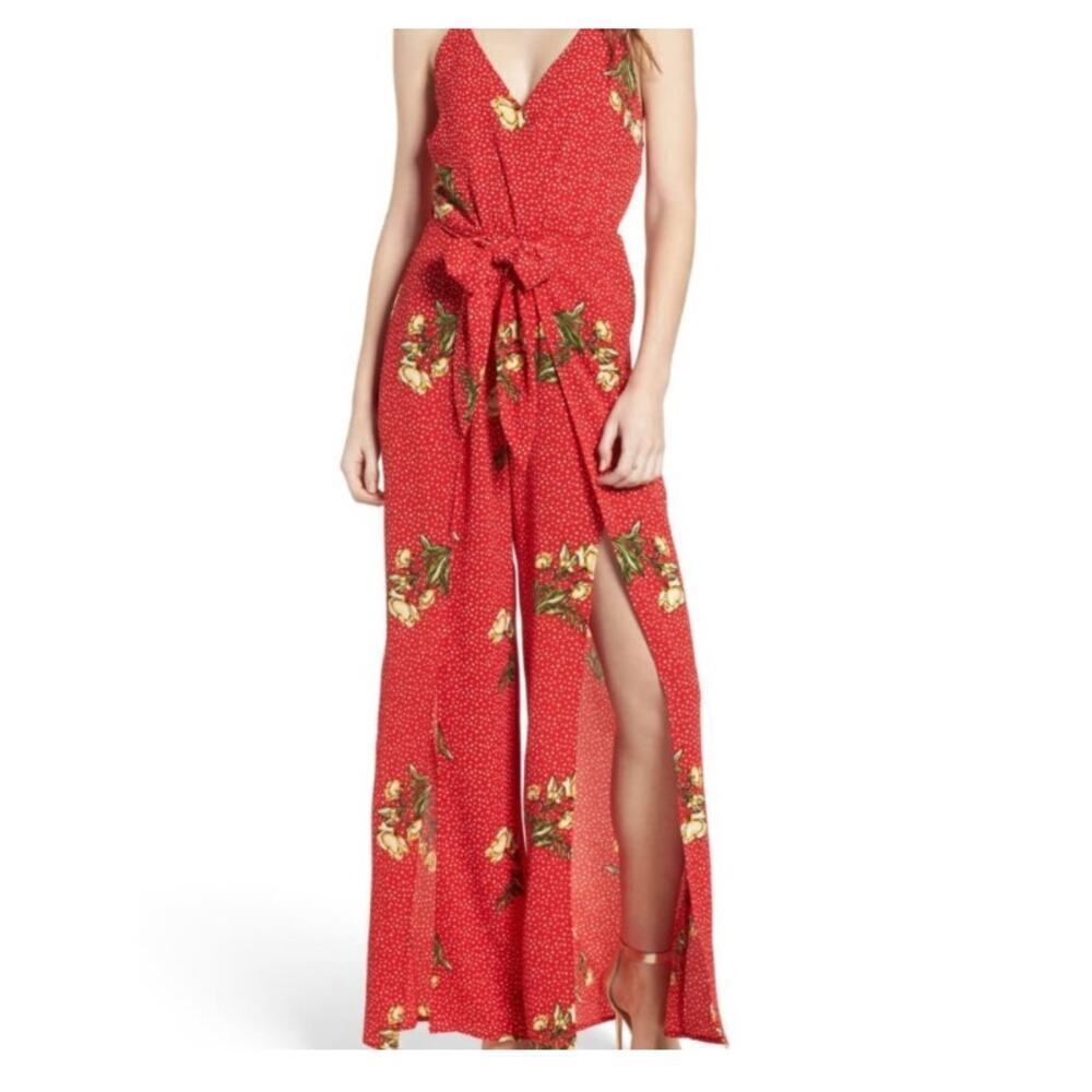 Socialite Red Polka Dot Floral Tie Waist Sleeveless Jumpsuit Size Small